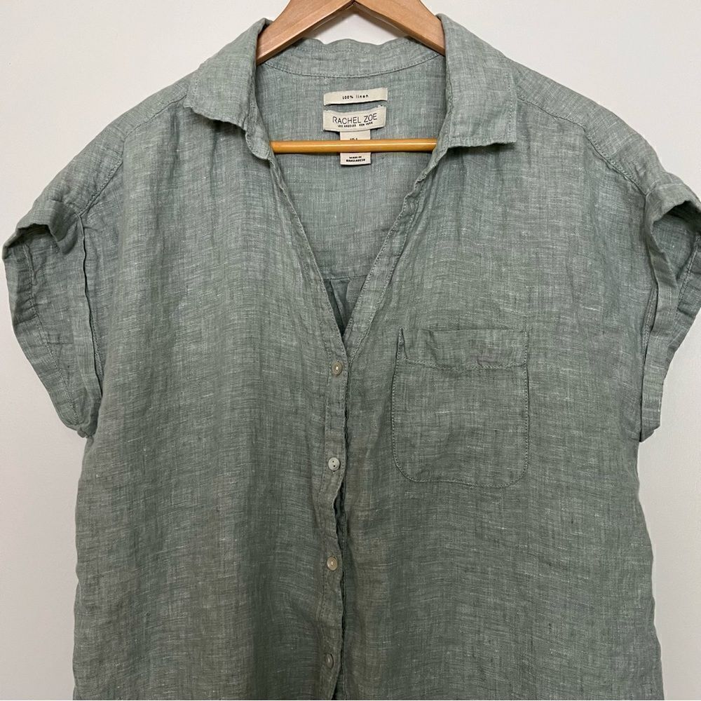 Rachel Zoe Shirt Blouse Womens Large Green Linen Woven Button Front Sleeveless - Picture 2 of 14